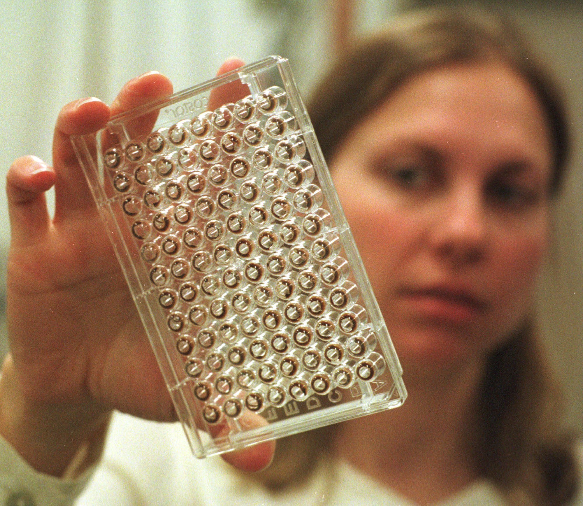 Nicole Barna，剑桥怀特黑德研究所资深操作员，展示正在进行基因测序的人类DNA托盘。