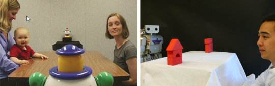 华盛顿大学的发展心理学家和计算机科学家之间的一项合作研究旨在帮助机器人以人类儿童的方式学习新事物。该团队尝试用婴儿跟随大人眼神的方式来教会机器人完成相同的任务。来源：University of Washington