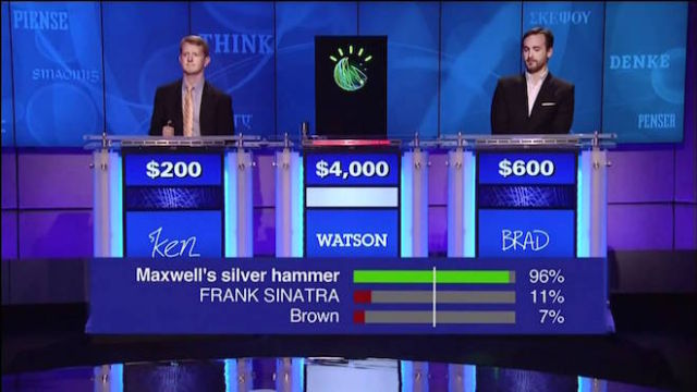 在Jeopardy上比赛的沃森，图片底部的得分条显示了每一个答案的置信度，如果没有任何一个答案超过了设定的置信度值，那么沃森将不会作答。